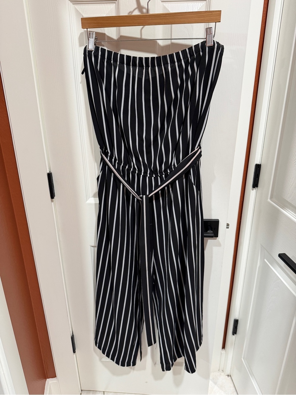 Forever 21 Black and White Vertical Stripe Strapless Jumpsuit with Tie Belt